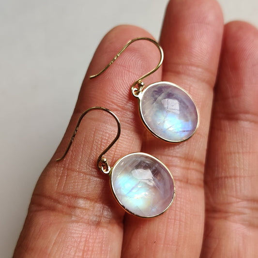 14K Gold Rainbow Moonstone Earrings, Natural Rainbow Moonstone Bezel Earring, 14K Solid Yellow Gold Earring, June Birthstone, Christmas Gift