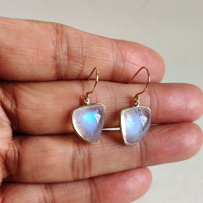 14K Gold Rainbow Moonstone Earrings, Natural Rainbow Moonstone Bezel Earring, 14K Solid Yellow Gold Earring, June Birthstone, Wedding Gift