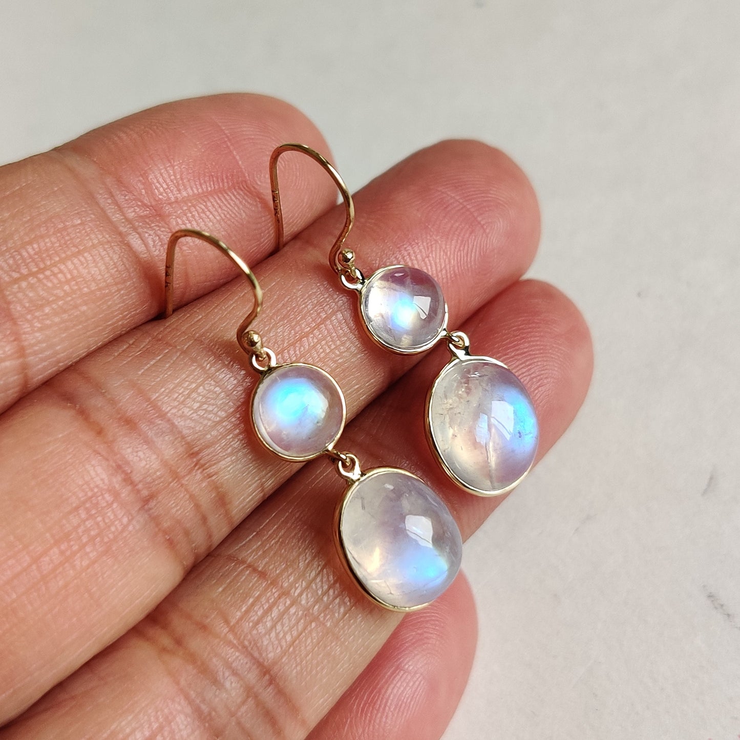 14K Gold Rainbow Moonstone Earrings, Natural Rainbow Moonstone Bezel Earrings, 14K Solid Yellow Gold Earring, June Birthstone,Christmas Gift