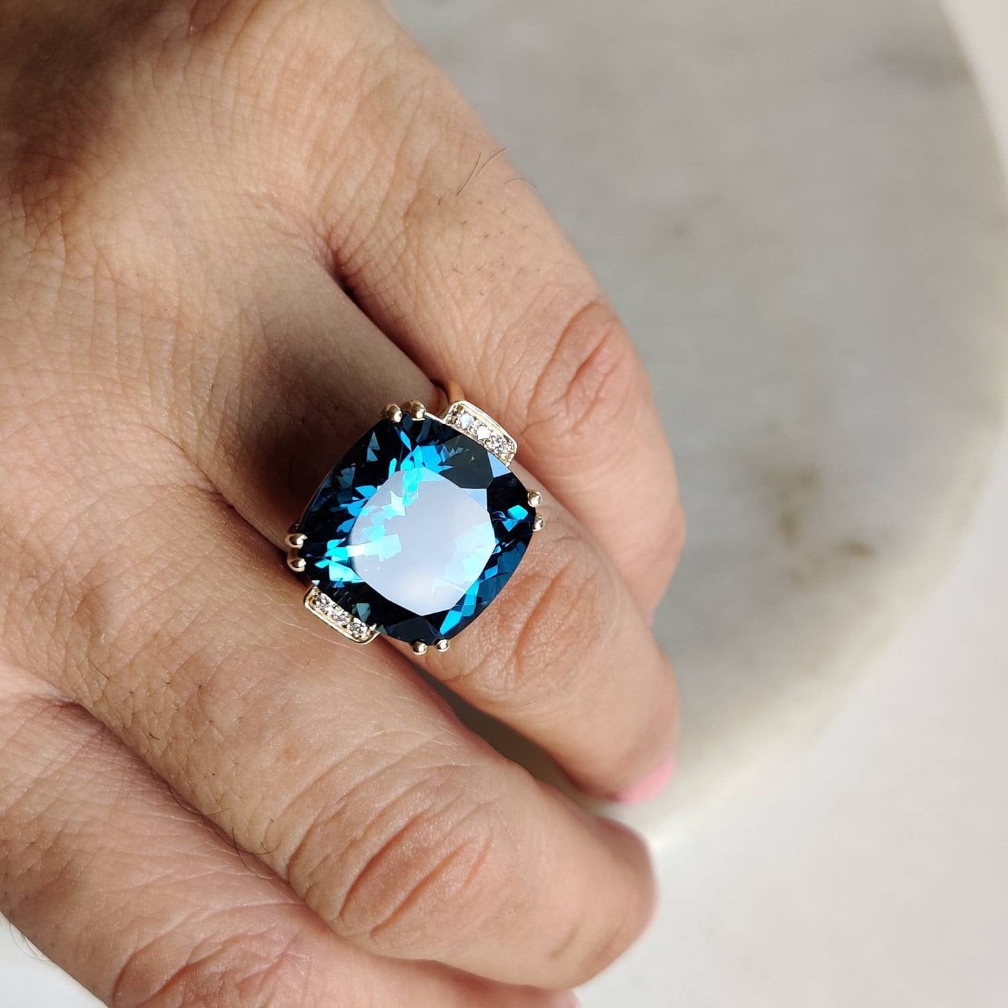 Natural London Blue Topaz Ring, 14K Solid Gold Ring, BlueTopaz Diamond Ring, December Birthstone, Statement Ring, London Blue Topaz Jewelry