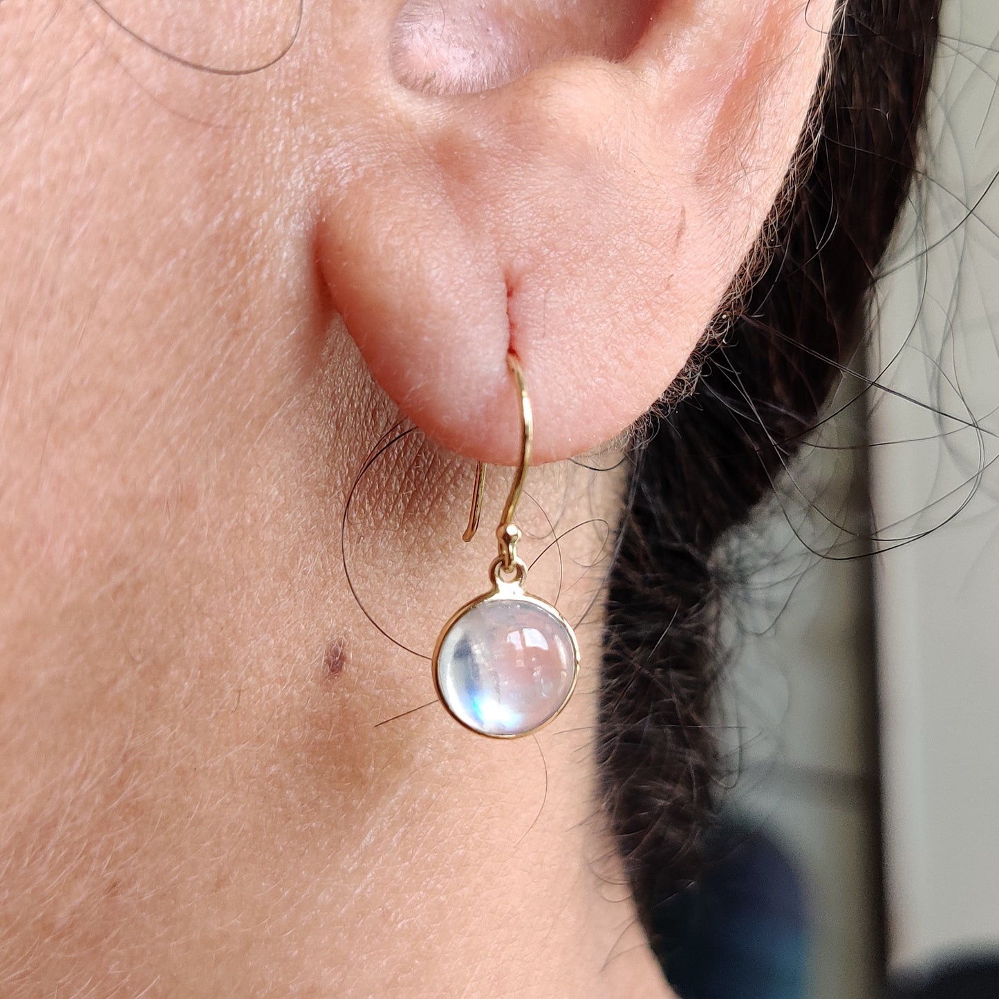 14K Gold Rainbow Moonstone Earring, Natural Rainbow Moonstone Bezel Earring, 14K Solid Yellow Gold Earring, June Birthstone, Christmas Gift