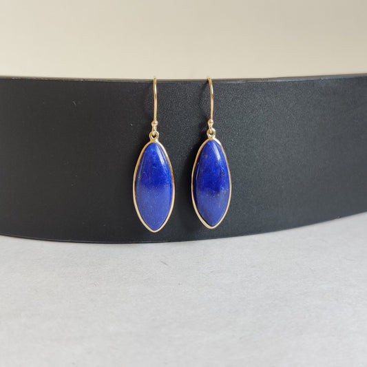 Natural Lapis Lazuli Earrings, 14K Solid Yellow Gold Earrings, Bezel Set Earrings, September Birthstone Drop Earrings, Christmas Present