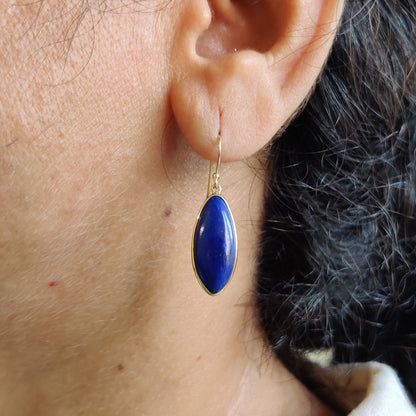 Natural Lapis Lazuli Earrings, 14K Solid Yellow Gold Earrings, Bezel Set Earrings, September Birthstone Drop Earrings, Christmas Present