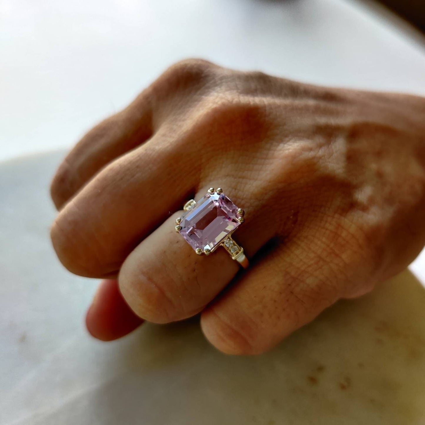 Natural Kunzite & Diamond Ring, 14K Solid Gold Diamond Ring, AAA Grade Kunzite Diamond Ring,  Ring, October Birthstone, Kunzite Jewelry