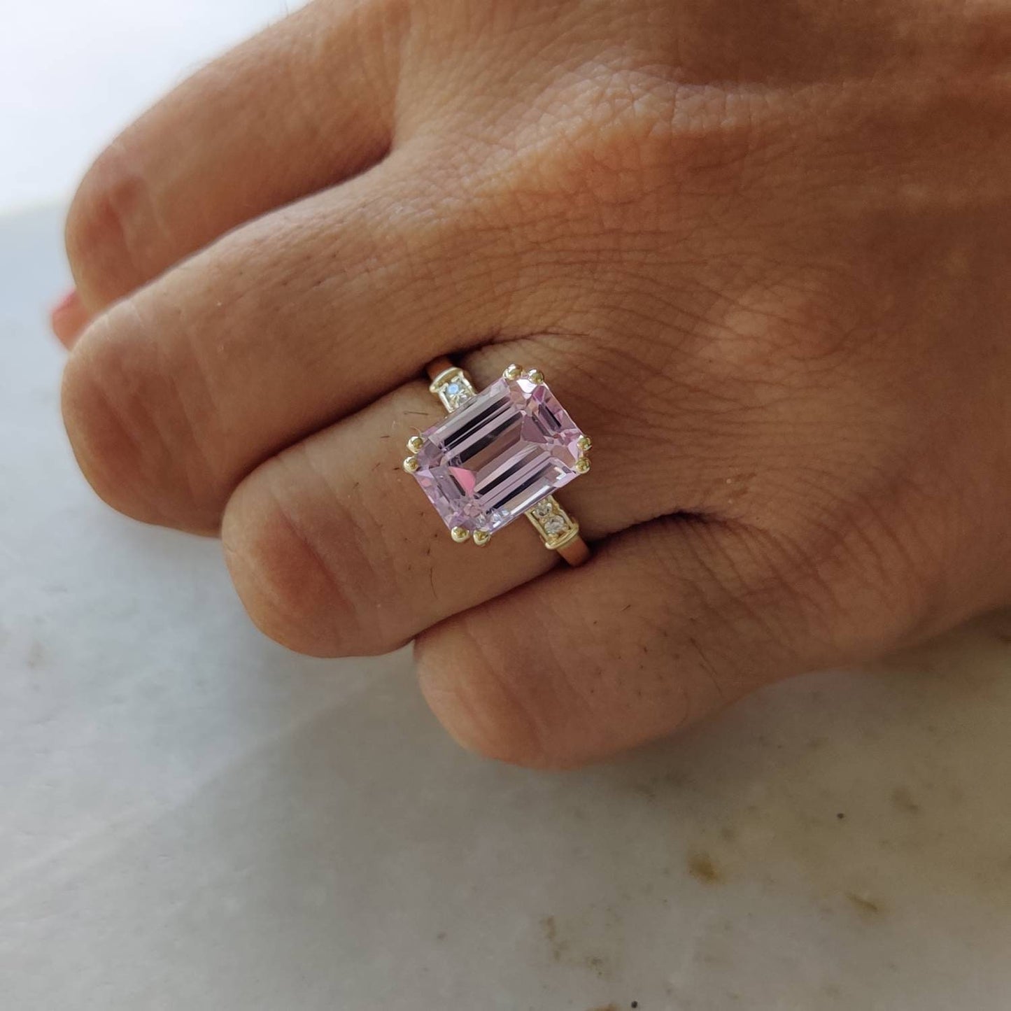 Natural Kunzite & Diamond Ring, 14K Solid Gold Diamond Ring, AAA Grade Kunzite Diamond Ring,  Ring, October Birthstone, Kunzite Jewelry