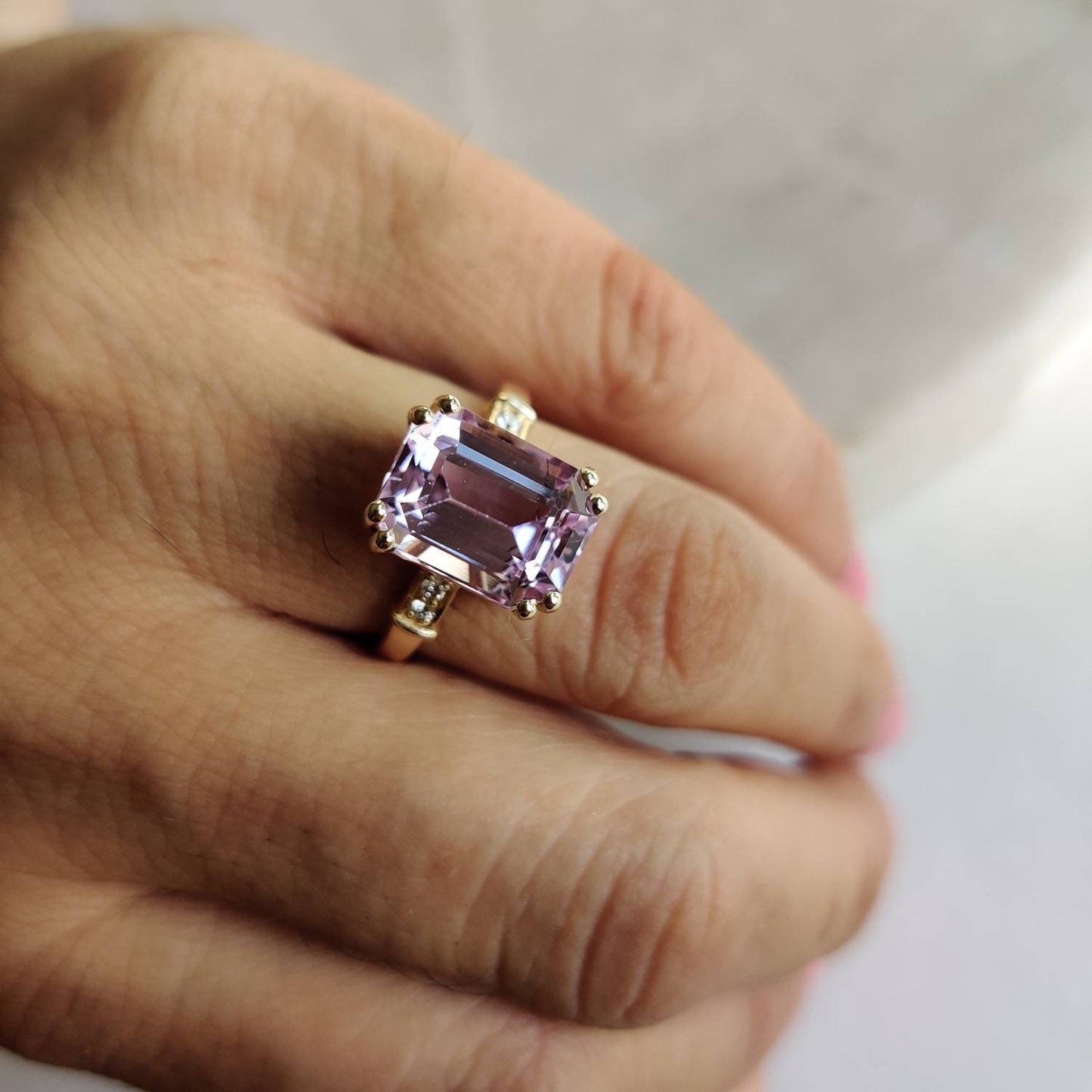 Natural Kunzite & Diamond Ring, 14K Solid Gold Diamond Ring, AAA Grade Kunzite Diamond Ring,  Ring, October Birthstone, Kunzite Jewelry