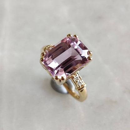 Natural Kunzite & Diamond Ring, 14K Solid Gold Diamond Ring, AAA Grade Kunzite Diamond Ring,  Ring, October Birthstone, Kunzite Jewelry