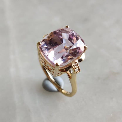 Natural Kunzite & Diamond Ring, 14K Solid Gold Diamond Ring, AAA Grade Kunzite Diamond Ring, October Birthstone, Kunzite Jewelry