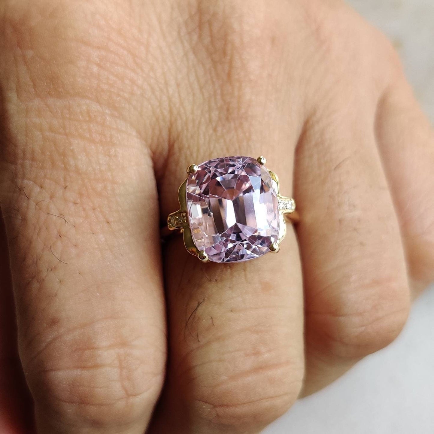 Natural Kunzite & Diamond Ring, 14K Solid Gold Diamond Ring, AAA Grade Kunzite Diamond Ring, October Birthstone, Kunzite Jewelry