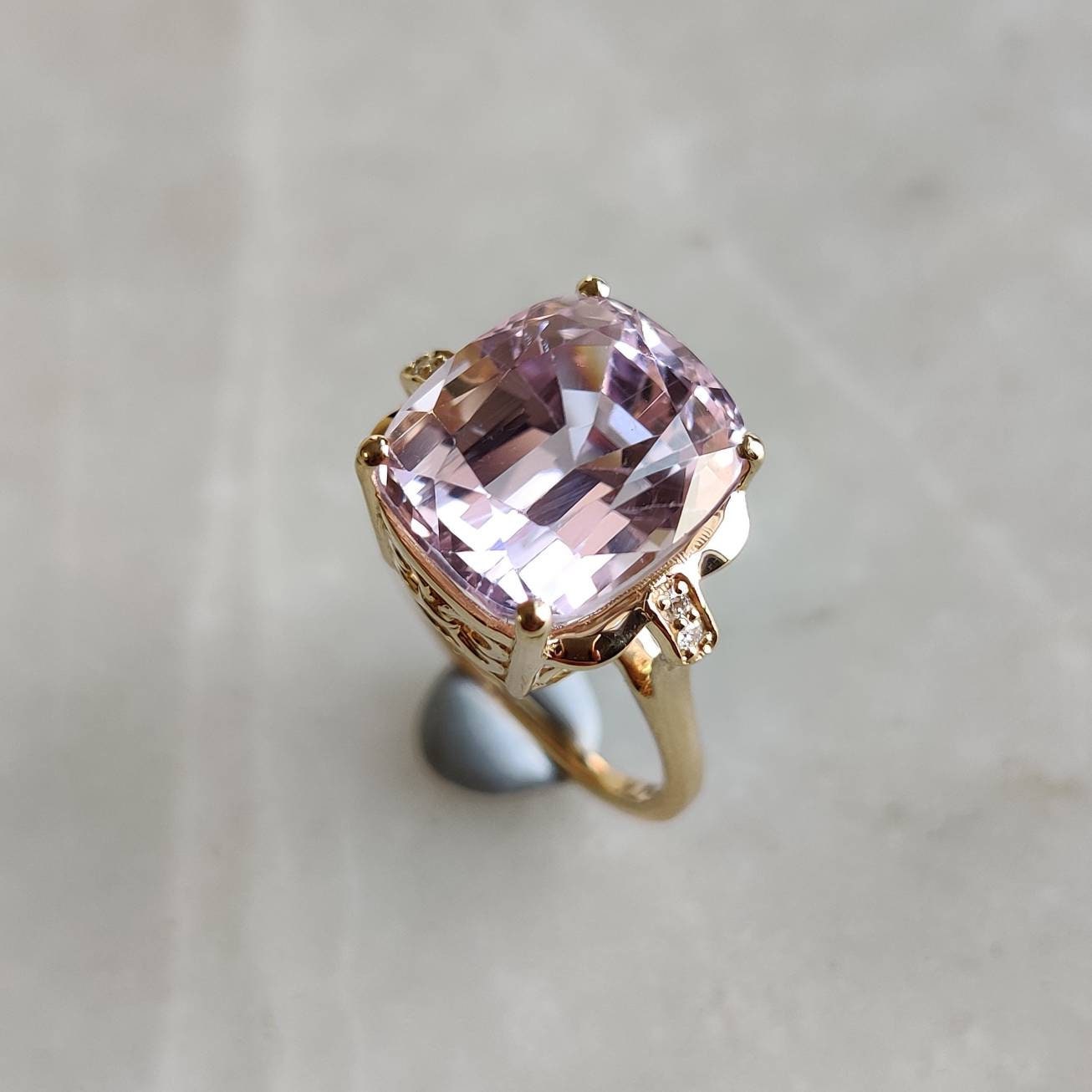 Natural Kunzite & Diamond Ring, 14K Solid Gold Diamond Ring, AAA Grade Kunzite Diamond Ring, October Birthstone, Kunzite Jewelry