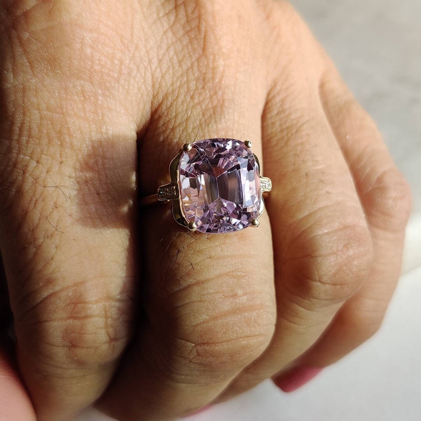 Natural Kunzite & Diamond Ring, 14K Solid Gold Diamond Ring, AAA Grade Kunzite Diamond Ring, October Birthstone, Kunzite Jewelry