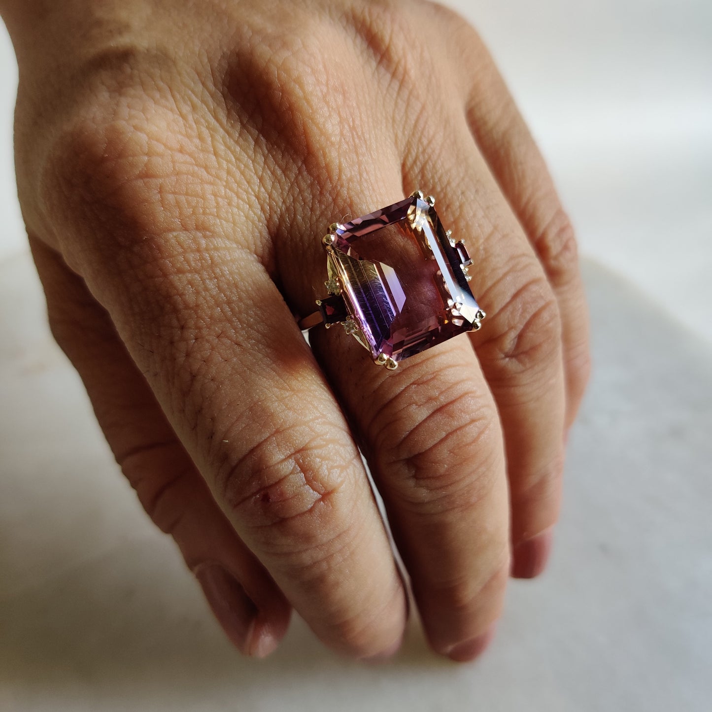 Natural Ametrine Ring, 14K Solid Gold Ametrine Diamond Ring, Ametrine With Diamond And Rodo Garnet Ring,  February and November Birthstone