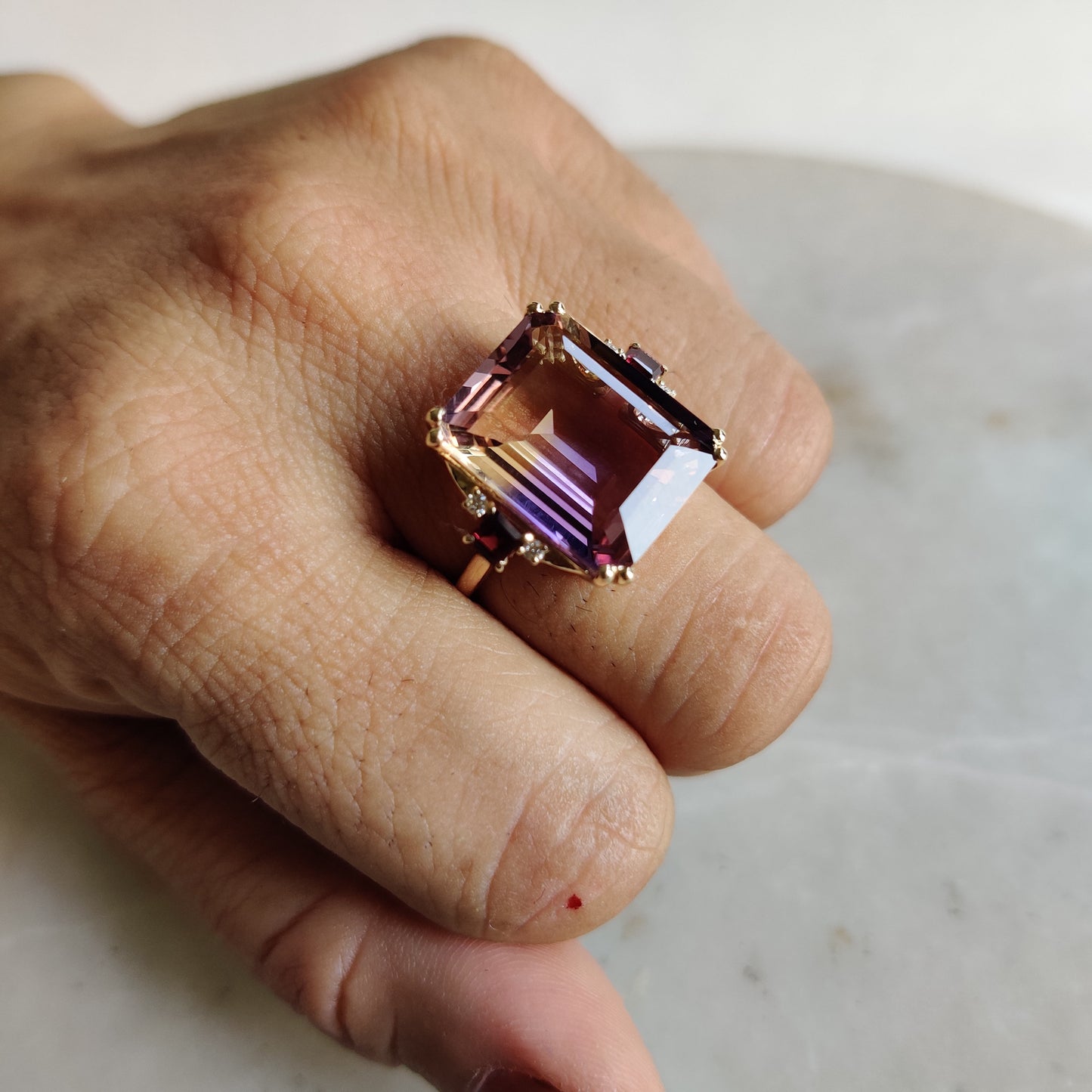 Natural Ametrine Ring, 14K Solid Gold Ametrine Diamond Ring, Ametrine With Diamond And Rodo Garnet Ring,  February and November Birthstone