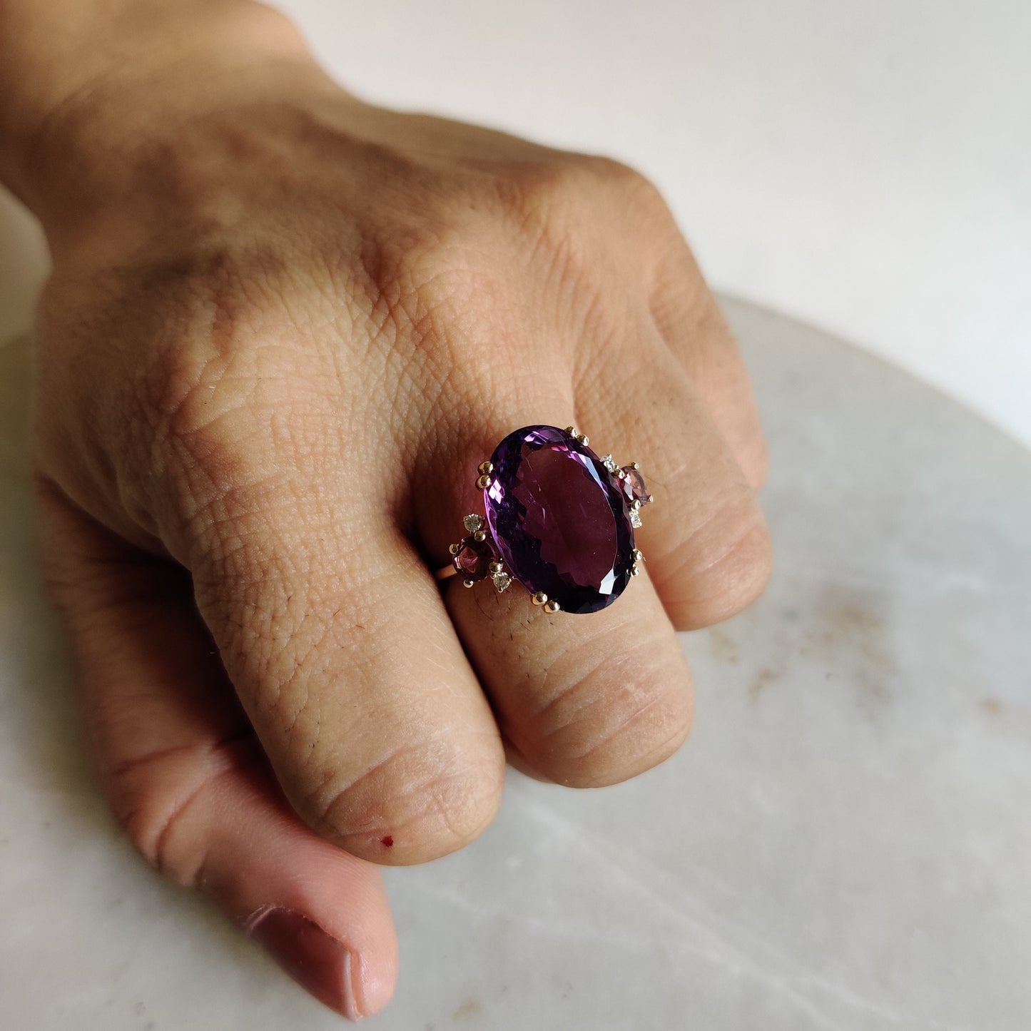 Natural Purple Amethyst & Pink Tourmaline and Diamond Ring, 14K Solid Yellow Gold Ring, Purple Amethyst Diamond Jewelry, Anniversary Gift