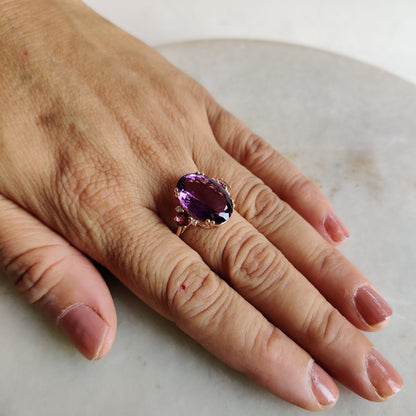 Natural Purple Amethyst & Pink Tourmaline and Diamond Ring, 14K Solid Yellow Gold Ring, Purple Amethyst Diamond Jewelry, Anniversary Gift