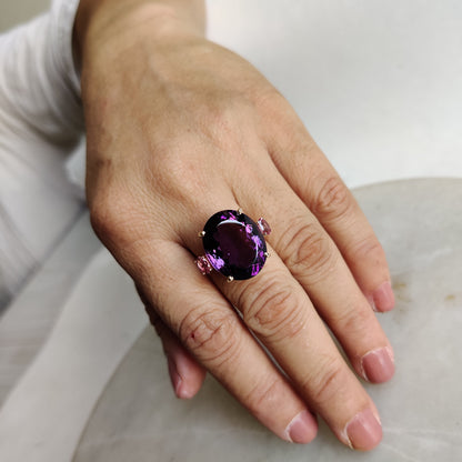 Natural Purple Amethyst & Pink Tourmaline Ring, 14K Solid Yellow Gold Ring, Amethyst Tourmaline Jewelry, February Birthstone Ring