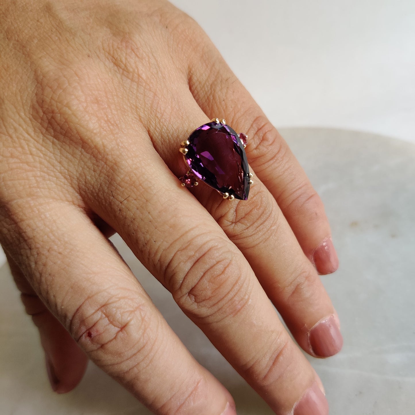 Natural Purple Amethyst & Pink Tourmaline Ring, 14K Solid Yellow Gold Ring, Amethyst Jewelry, Tourmaline Jewelry, February Birthstone