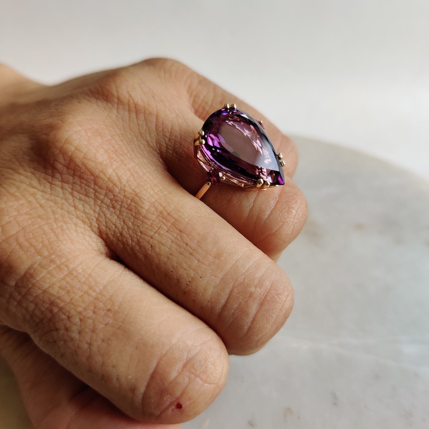 Natural Purple Amethyst & Pink Tourmaline Ring, 14K Solid Yellow Gold Ring, Amethyst Jewelry, Tourmaline Jewelry, February Birthstone