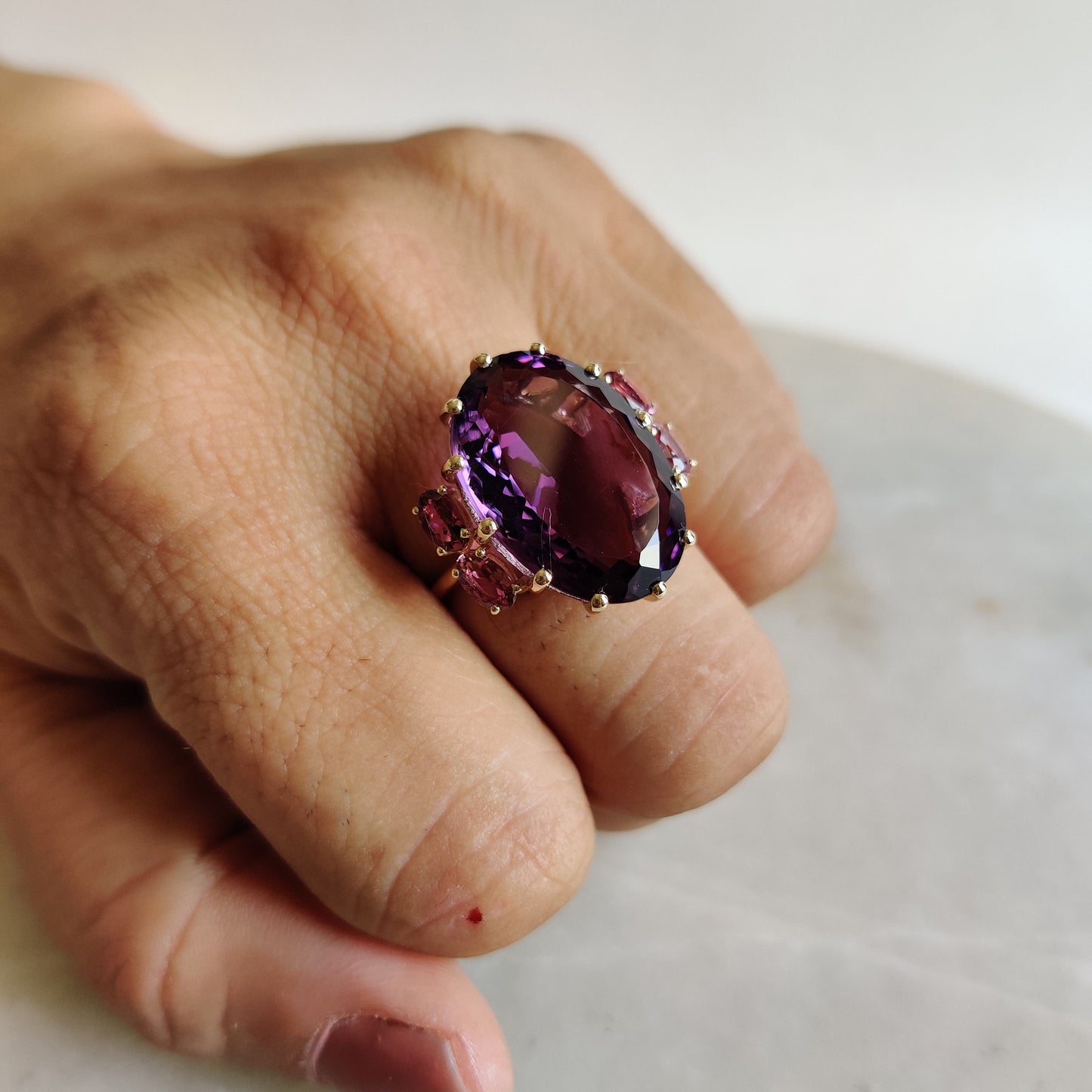 Natural Purple Amethyst & Pink Tourmaline Ring, 14K Solid Yellow Gold Ring, Purple Amethyst Jewelry, Cocktail Ring, Christmas Present