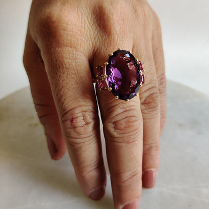 Natural Purple Amethyst & Pink Tourmaline Ring, 14K Solid Yellow Gold Ring, Purple Amethyst Jewelry, Cocktail Ring, Christmas Present