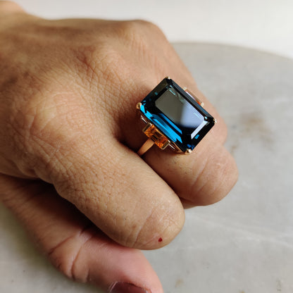 Natural London Blue Topaz Ring, 14K Solid Gold Blue Topaz Orange Sapphire Ring, Engagement Ring, Sapphire Topaz Jewelry, Christmas Gift