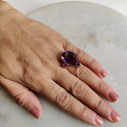 Natural Amethyst & Pink Tourmaline Ring, 14K Solid Yellow Gold Ring, Purple Amethyst Tourmaline Jewelry, February Birthstone, Christmas Gift