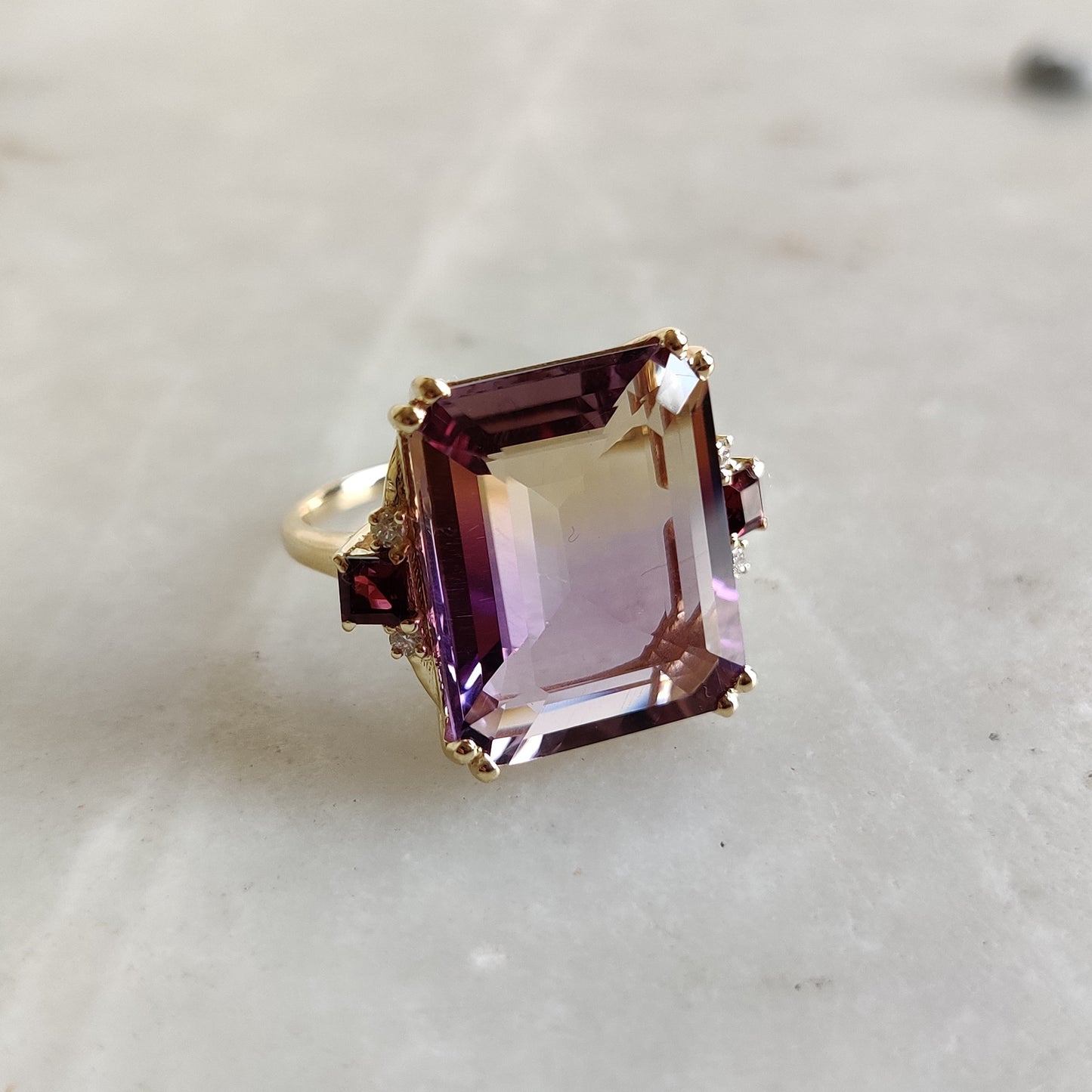 Natural Ametrine Ring, 14K Solid Gold Ametrine Diamond Ring, Ametrine With Diamond And Rodo Garnet Ring,  February and November Birthstone