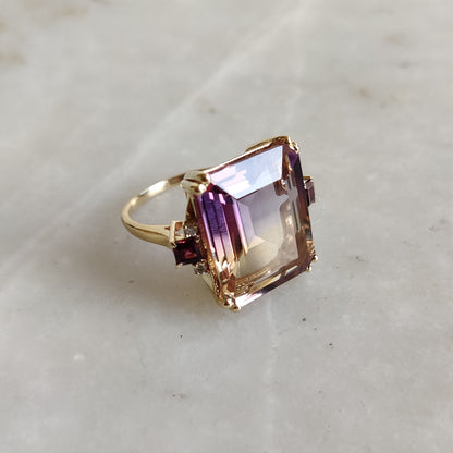 Natural Ametrine Ring, 14K Solid Gold Ametrine Diamond Ring, Ametrine With Diamond And Rodo Garnet Ring,  February and November Birthstone