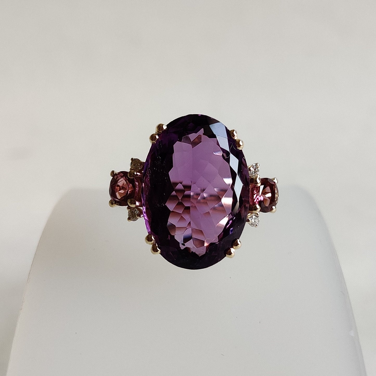 Natural Purple Amethyst & Pink Tourmaline and Diamond Ring, 14K Solid Yellow Gold Ring, Purple Amethyst Diamond Jewelry, Anniversary Gift