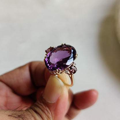 Natural Purple Amethyst & Pink Tourmaline and Diamond Ring, 14K Solid Yellow Gold Ring, Purple Amethyst Diamond Jewelry, Anniversary Gift