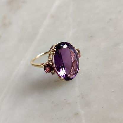 Natural Purple Amethyst & Pink Tourmaline and Diamond Ring, 14K Solid Yellow Gold Ring, Purple Amethyst Diamond Jewelry, Anniversary Gift