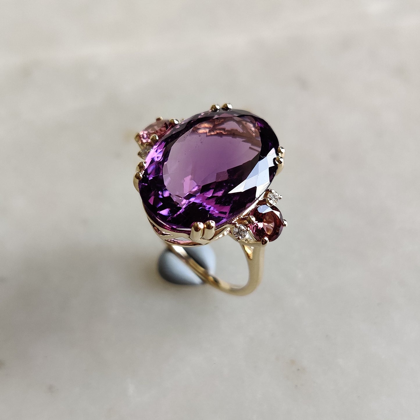 Natural Purple Amethyst & Pink Tourmaline and Diamond Ring, 14K Solid Yellow Gold Ring, Purple Amethyst Diamond Jewelry, Anniversary Gift