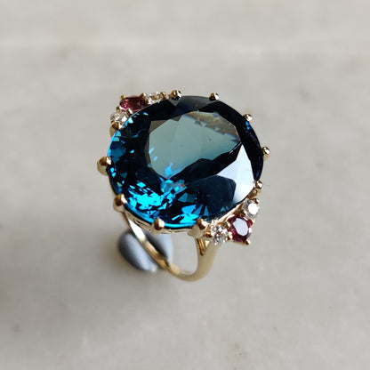 Natural London Blue Topaz & Diamond and Pink Tourmaline Ring, 14K Solid Yellow Gold Ring, Christmas Gift, Blue Topaz and Diamond Jewelry