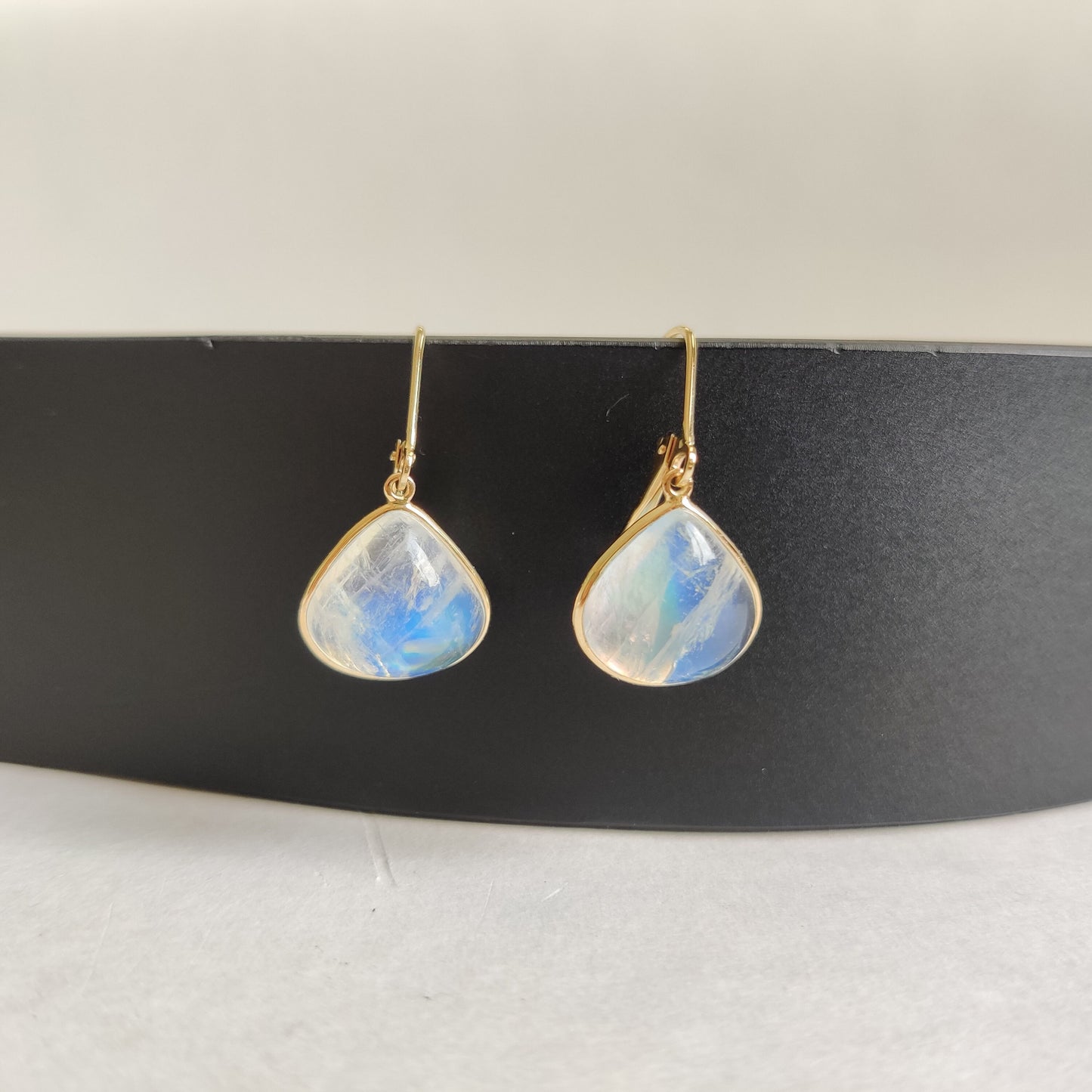 14K Gold Rainbow Moonstone Earrings, Natural Rainbow Moonstone Bezel Earrings, 14K Solid Yellow Gold Moonstone Earrings, June Birthstone