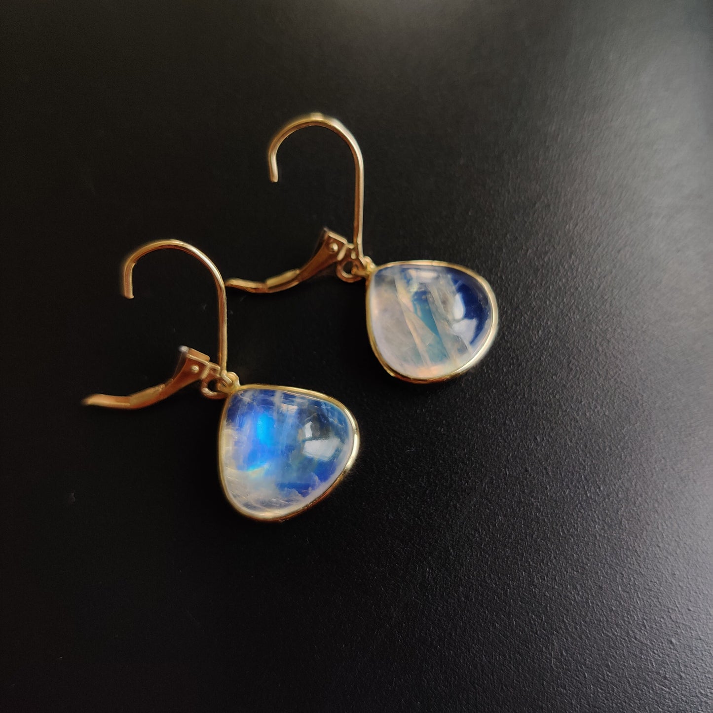 14K Gold Rainbow Moonstone Earrings, Natural Rainbow Moonstone Bezel Earrings, 14K Solid Yellow Gold Moonstone Earrings, June Birthstone