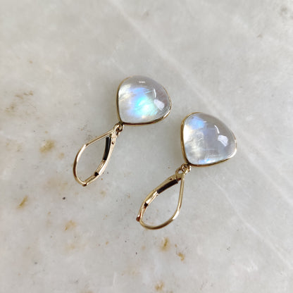 14K Gold Rainbow Moonstone Earrings, Natural Rainbow Moonstone Bezel Earrings, 14K Solid Yellow Gold Moonstone Earrings, June Birthstone