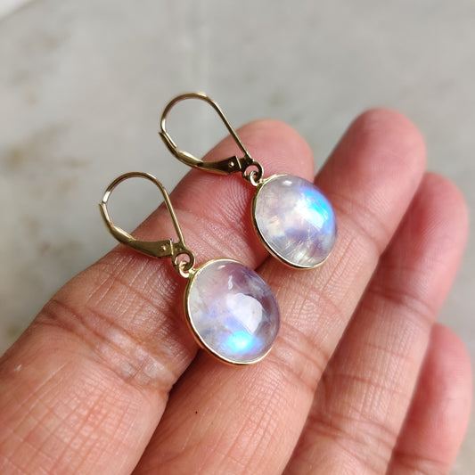 14K Gold Rainbow Moonstone Earrings, Natural Rainbow Moonstone Bezel Earring, 14K Solid Yellow Gold Earring, June Birthstone, Christmas Gift