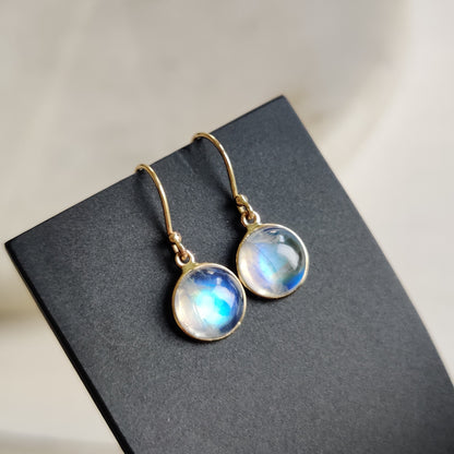 14K Gold Rainbow Moonstone Earring, Natural Rainbow Moonstone Bezel Earring, 14K Solid Yellow Gold Earring, June Birthstone, Christmas Gift