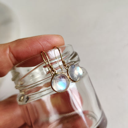 14K Gold Rainbow Moonstone Earring, Natural Rainbow Moonstone Bezel Earring, 14K Solid Yellow Gold Earring, June Birthstone, Christmas Gift