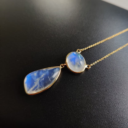 Natural Rainbow Moonstone Necklace, 14K Solid Gold Moonstone Pendant, Yellow Gold Necklace Pendant, Blue Moonstone Jewelry, June Birthstone