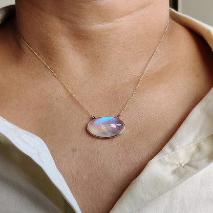 Natural Rainbow Moonstone Necklace, 14K Solid Gold Moonstone Pendant, Yellow Gold Chain Necklace, Blue Moonstone Jewelry, June Birthstone