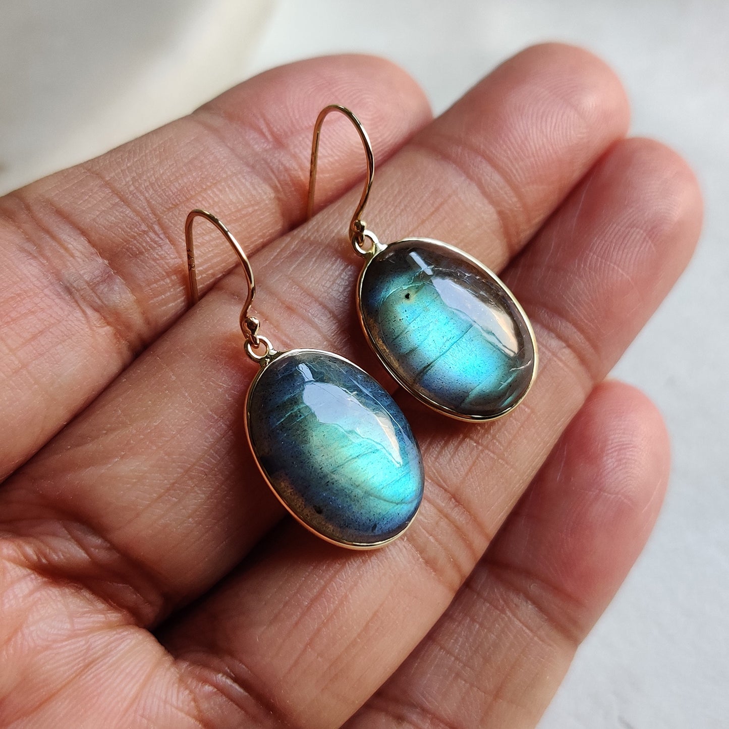 14K Gold Labradorite Earrings, Natural Labradorite Bezel Earrings, 14K Solid Gold Earrings, August Birthstone, Drop Earrings, Christmas Gift