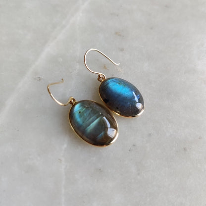 14K Gold Labradorite Earrings, Natural Labradorite Bezel Earrings, 14K Solid Gold Earrings, August Birthstone, Drop Earrings, Christmas Gift