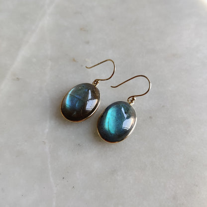 14K Gold Labradorite Earrings, Natural Labradorite Bezel Earrings, 14K Solid Gold Earrings, August Birthstone, Drop Earrings, Christmas Gift