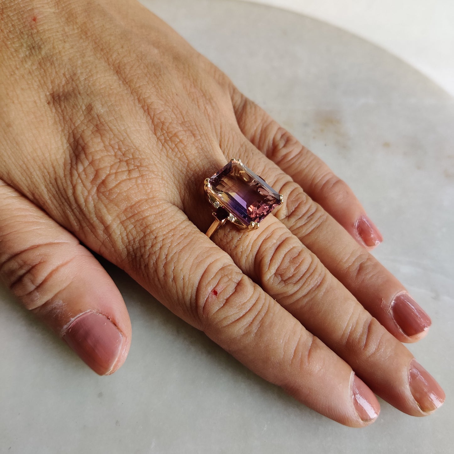 Natural Ametrine Ring, 14K Solid Gold Ametrine Diamond Ring, Ametrine With Diamond And Rodo Garnet Ring,  February and November Birthstone