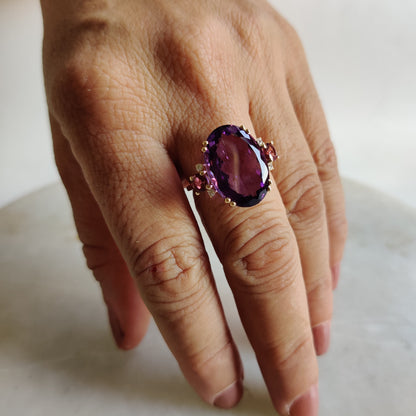 Natural Purple Amethyst & Pink Tourmaline and Diamond Ring, 14K Solid Yellow Gold Ring, Purple Amethyst Diamond Jewelry, Anniversary Gift