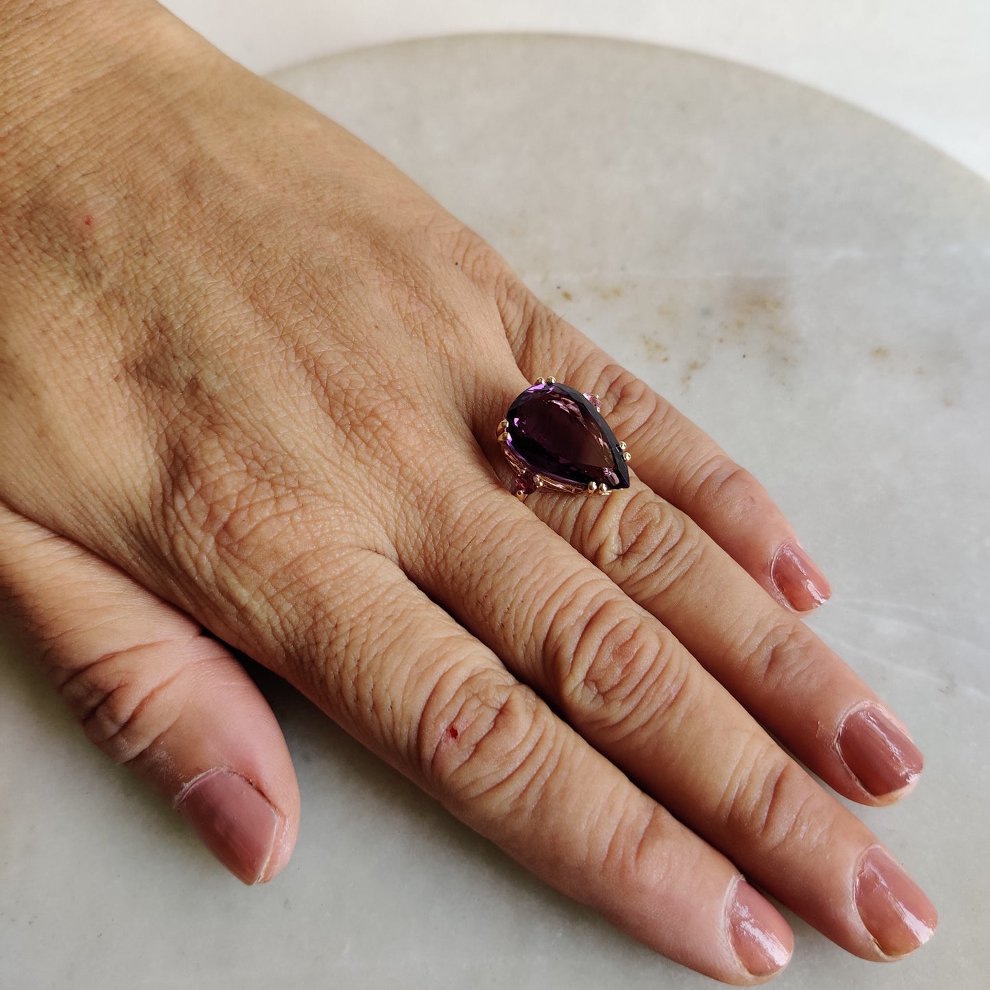 Natural Purple Amethyst & Pink Tourmaline Ring, 14K Solid Yellow Gold Ring, Amethyst Jewelry, Tourmaline Jewelry, February Birthstone