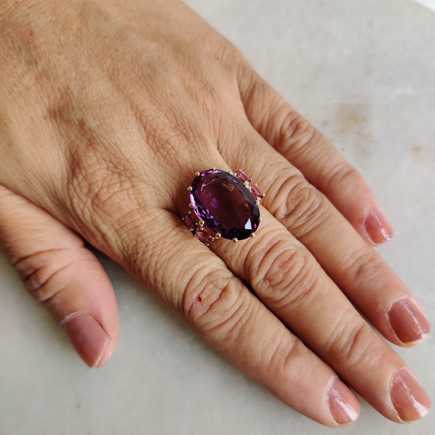 Natural Purple Amethyst & Pink Tourmaline Ring, 14K Solid Yellow Gold Ring, Purple Amethyst Jewelry, Cocktail Ring, Christmas Present