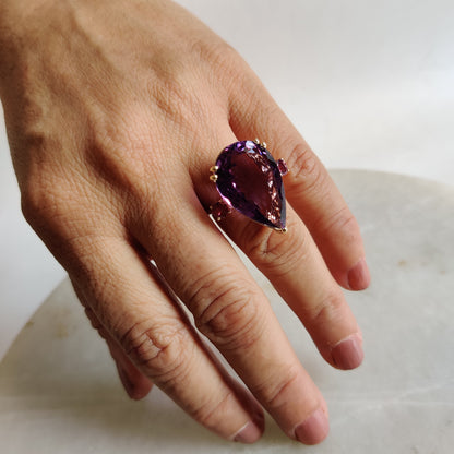 Natural Amethyst & Pink Tourmaline Ring, 14K Solid Yellow Gold Ring, Purple Amethyst Tourmaline Jewelry, February Birthstone, Christmas Gift