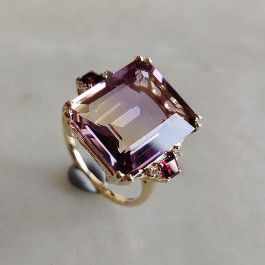 Natural Ametrine Ring, 14K Solid Gold Ametrine Diamond Ring, Ametrine With Diamond And Rodo Garnet Ring,  February and November Birthstone